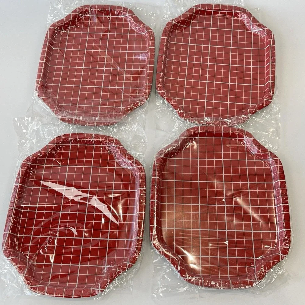 Action Industries,  Inc. Designs Vintage Squared Red Tin Trinket Trays  Set 1986
